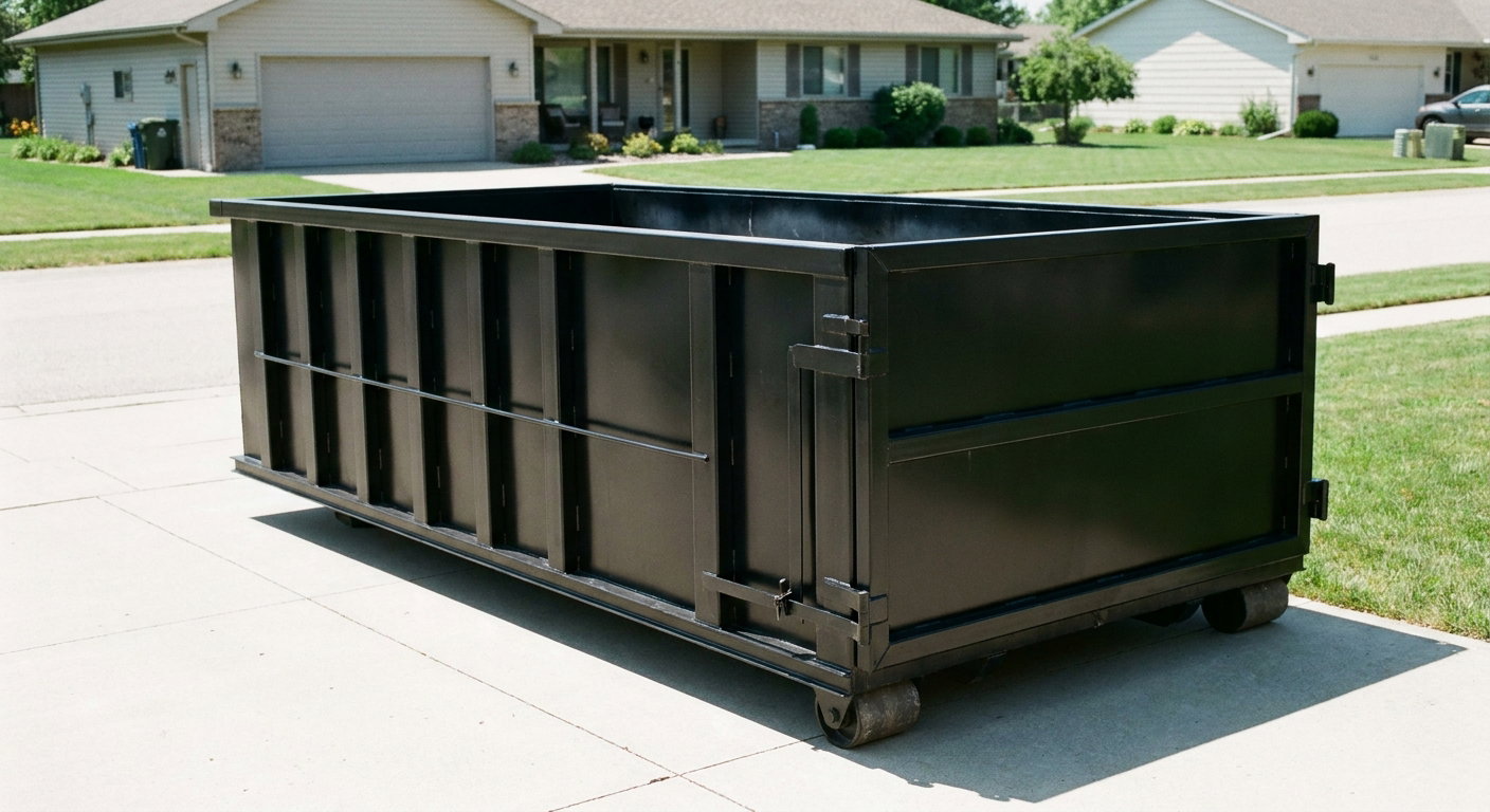 Matte-black 10-yard roll-off dumpster on a residential concrete driveway in Houston, uniformly painted matte black across every panel and rail, ribbed steel sidewalls and rear swing door visible, mid-day daylight.