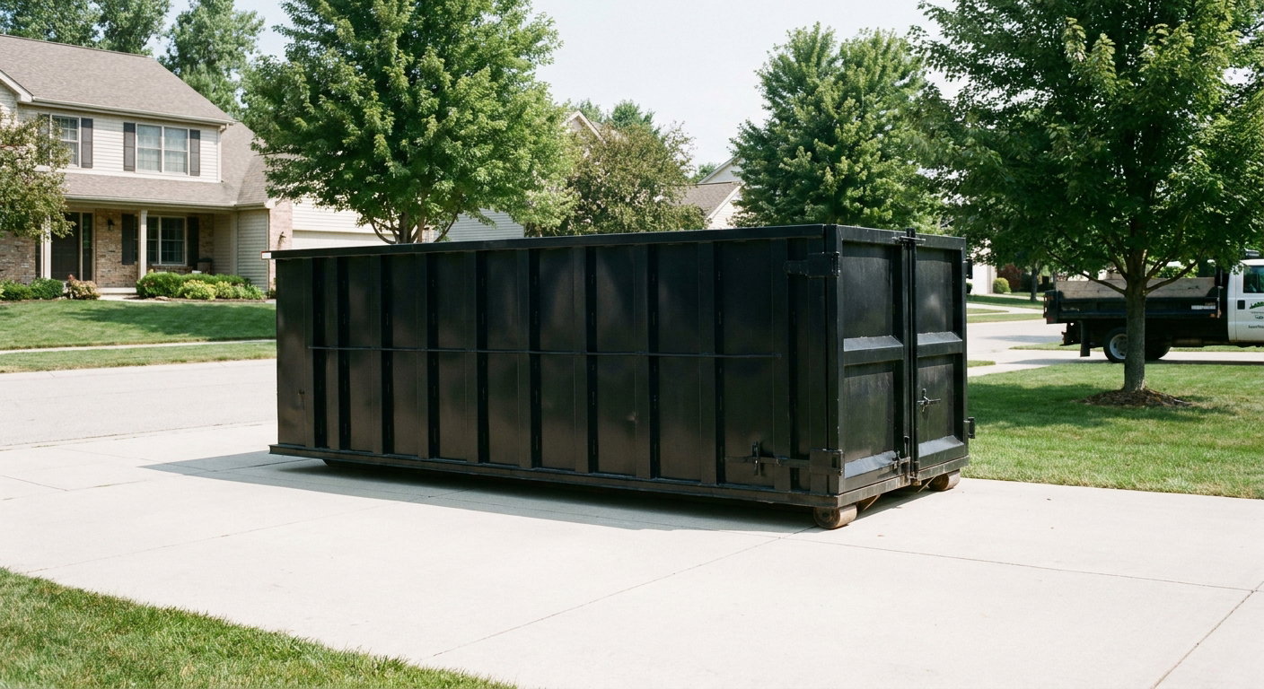 Matte-black 20-yard roll-off dumpster sitting level on a clean Houston residential concrete driveway under bright daylight, demonstrating clean placement directly on the concrete.