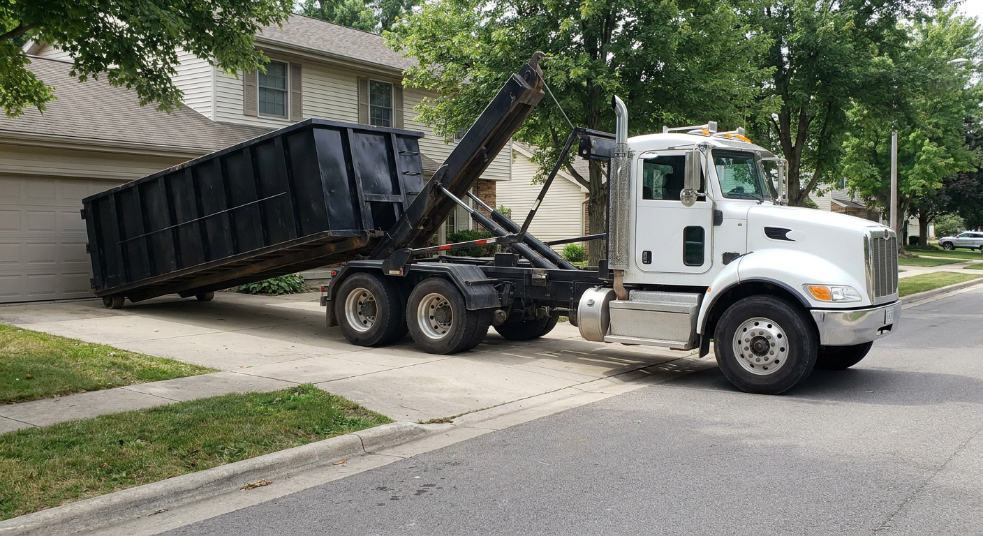 White-cab hooklift roll-off truck actively lowering a matte-black dumpster onto a Houston residential concrete driveway, the dumpster's rear wheels touching the driveway as the hoist arm tilts the bed forward, mid-morning daylight.